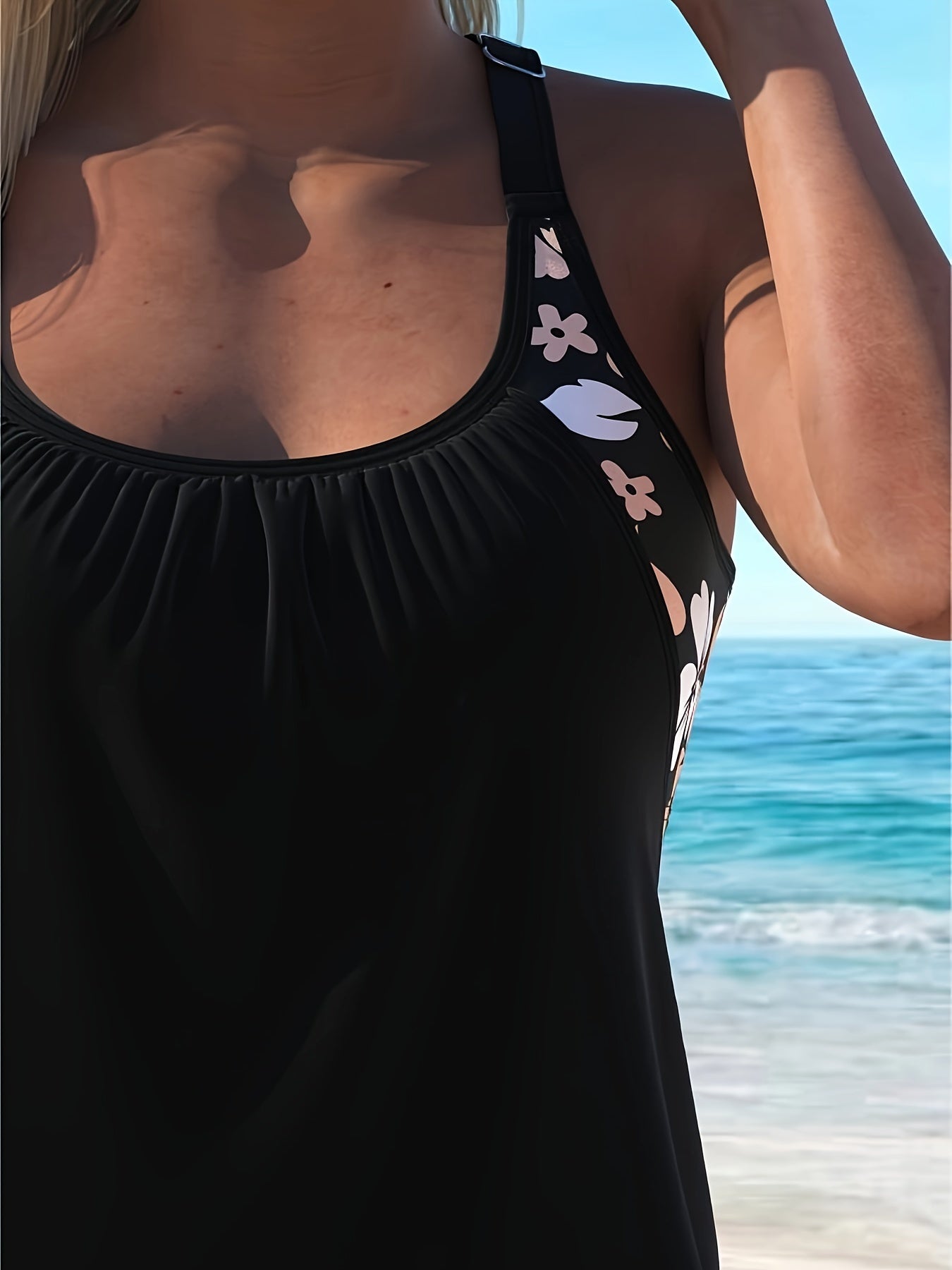 Black Floral Print Racerback Tankini Set with High Waisted Swim Shorts