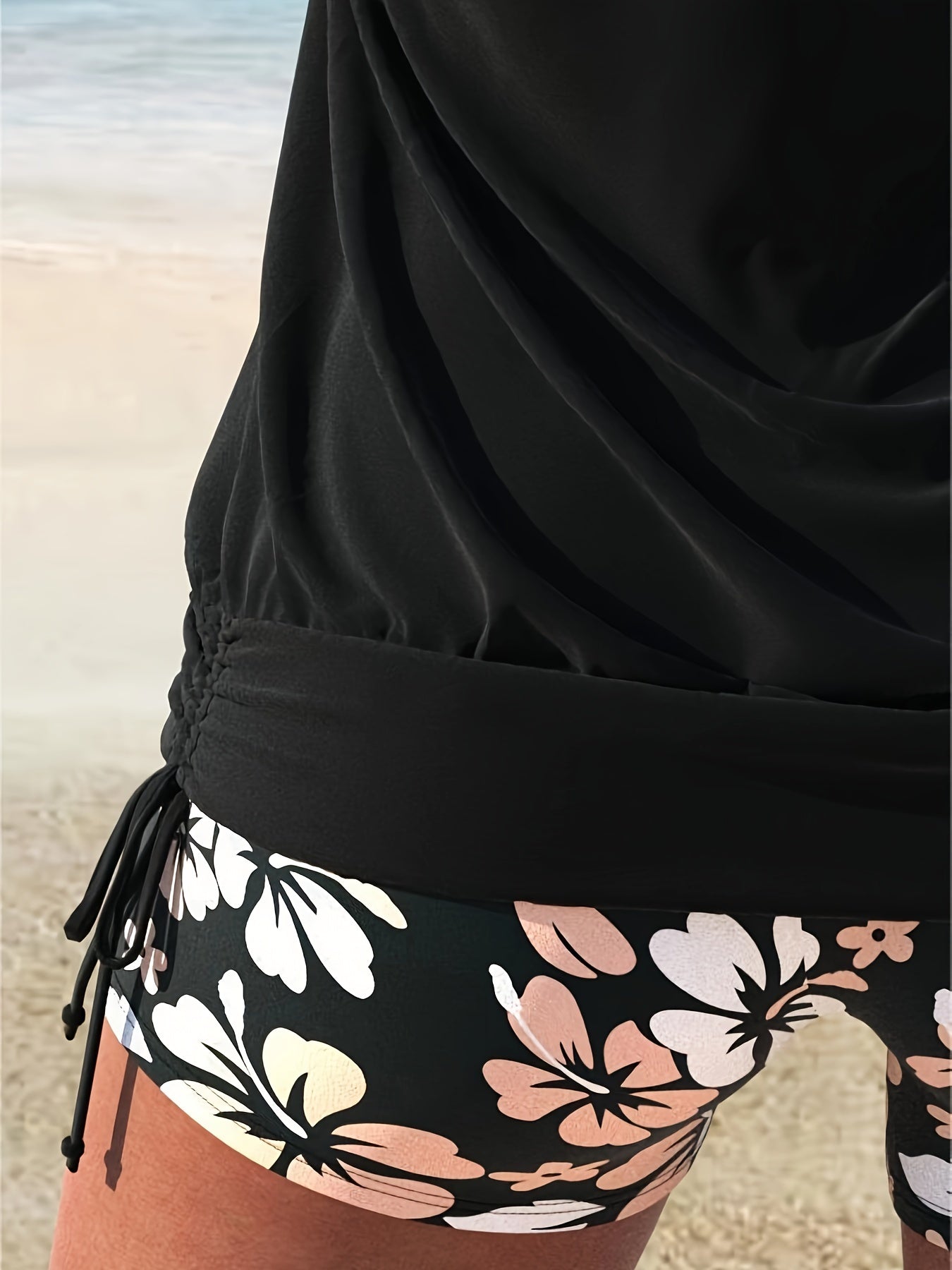 Black Floral Print Racerback Tankini Set with High Waisted Swim Shorts