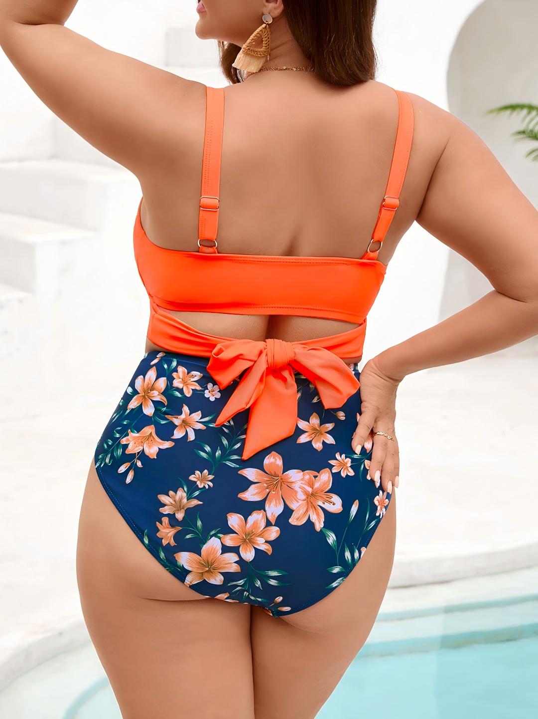 Plus Size Orange Twist Front Tankini Set with Floral High Waisted Briefs