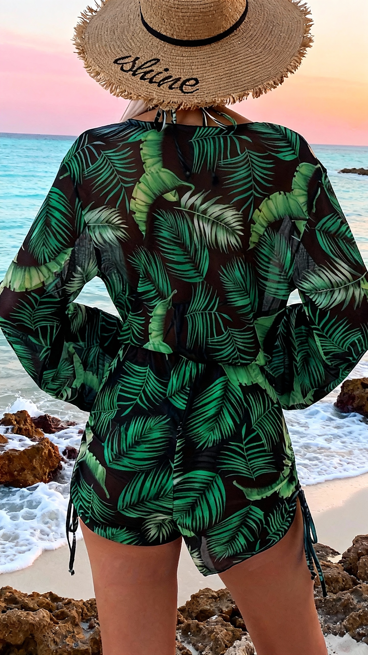 Tropical Leaf Print Long Sleeve One Piece Swimsuit with Drawstring Hem
