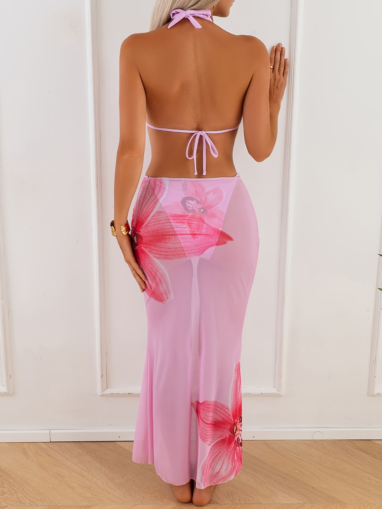 Floral Print Halter Neck Bikini with Mesh Long Skirt Cover Up