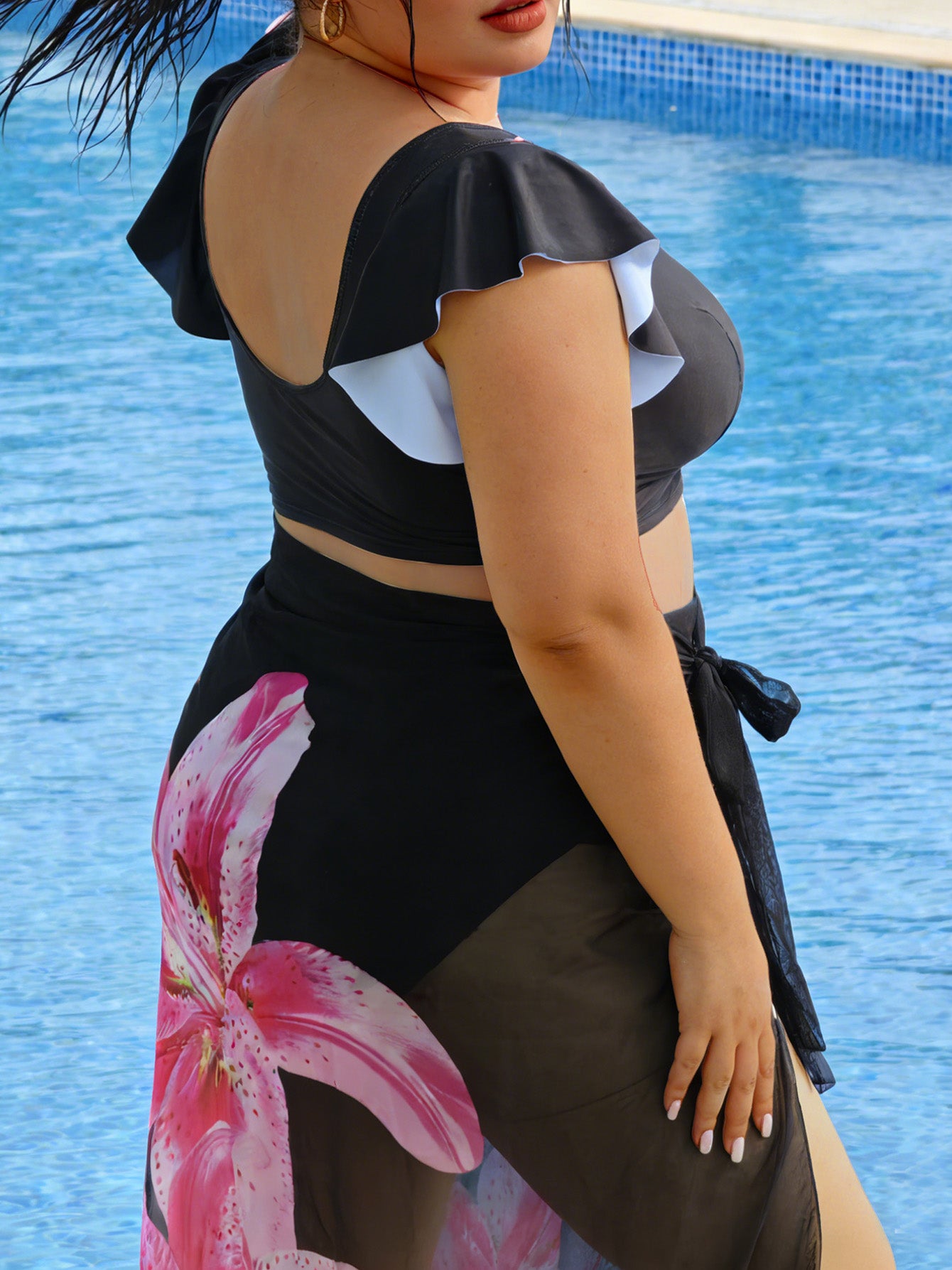 Plus Size Lily Print Ruffle Trim 3 Piece Bikini Set with Sheer Mesh Sarong