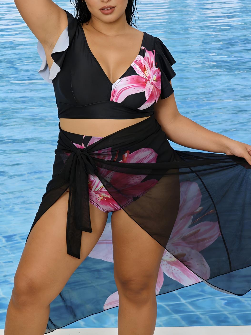 Plus Size Lily Print Ruffle Trim 3 Piece Bikini Set with Sheer Mesh Sarong