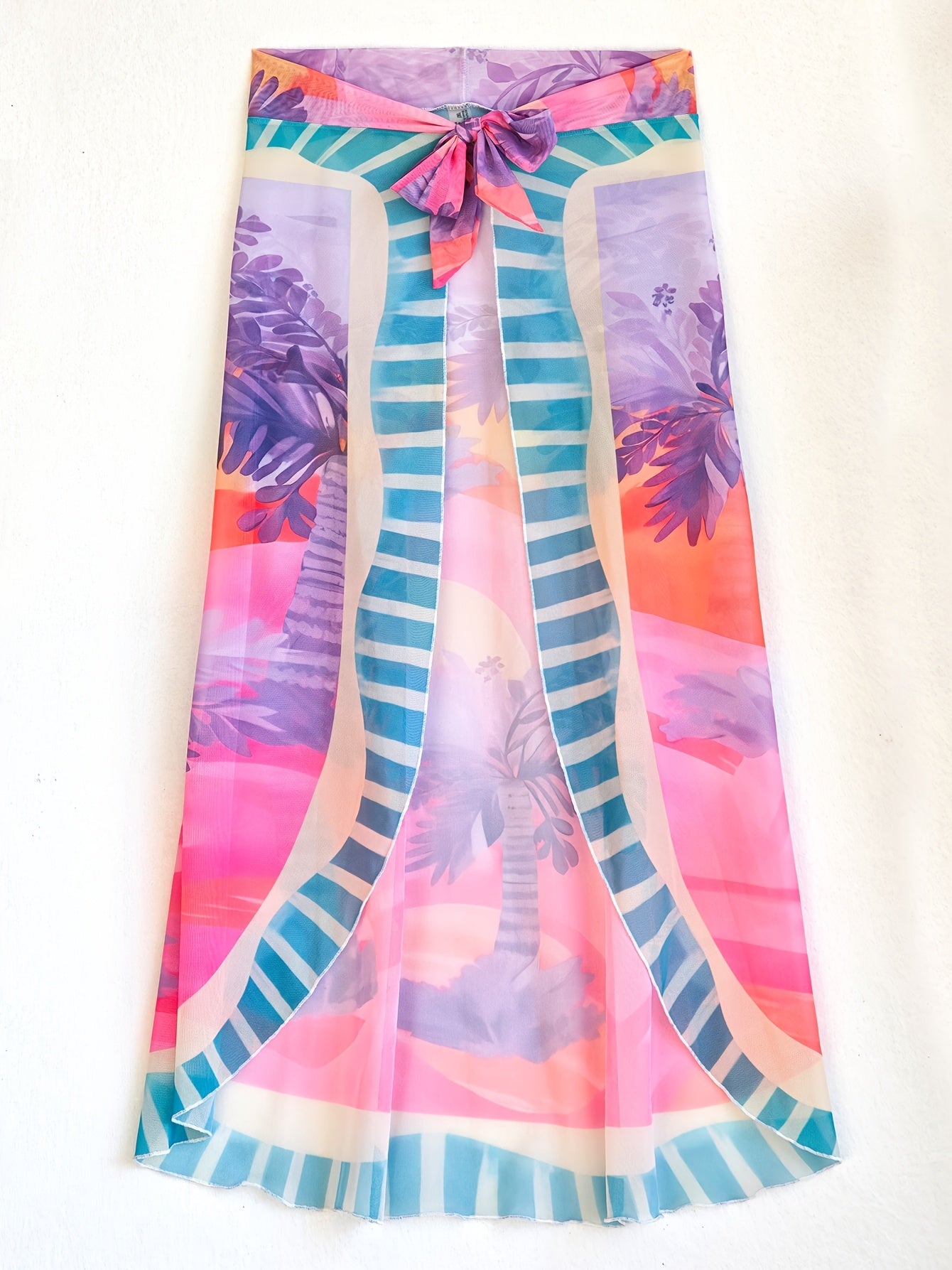 Tropical Print Sheer Chiffon Maxi Cover Up Skirt with Tassel Trim
