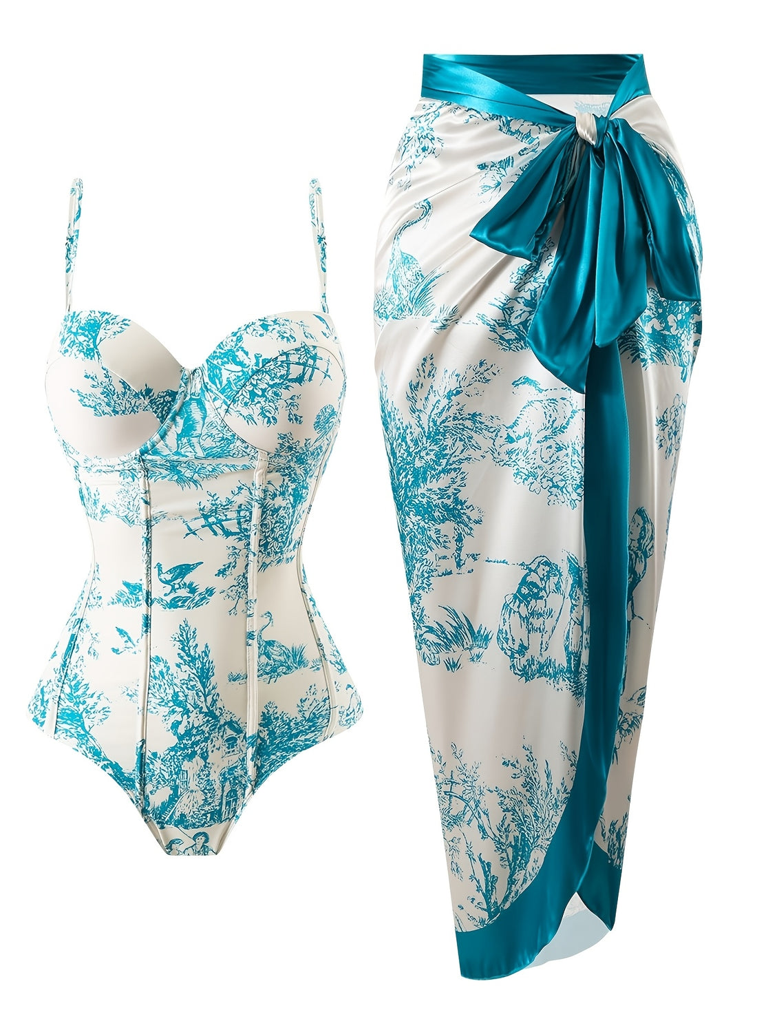 Toile De Jouy One Piece Swimsuit & Sarong Set
