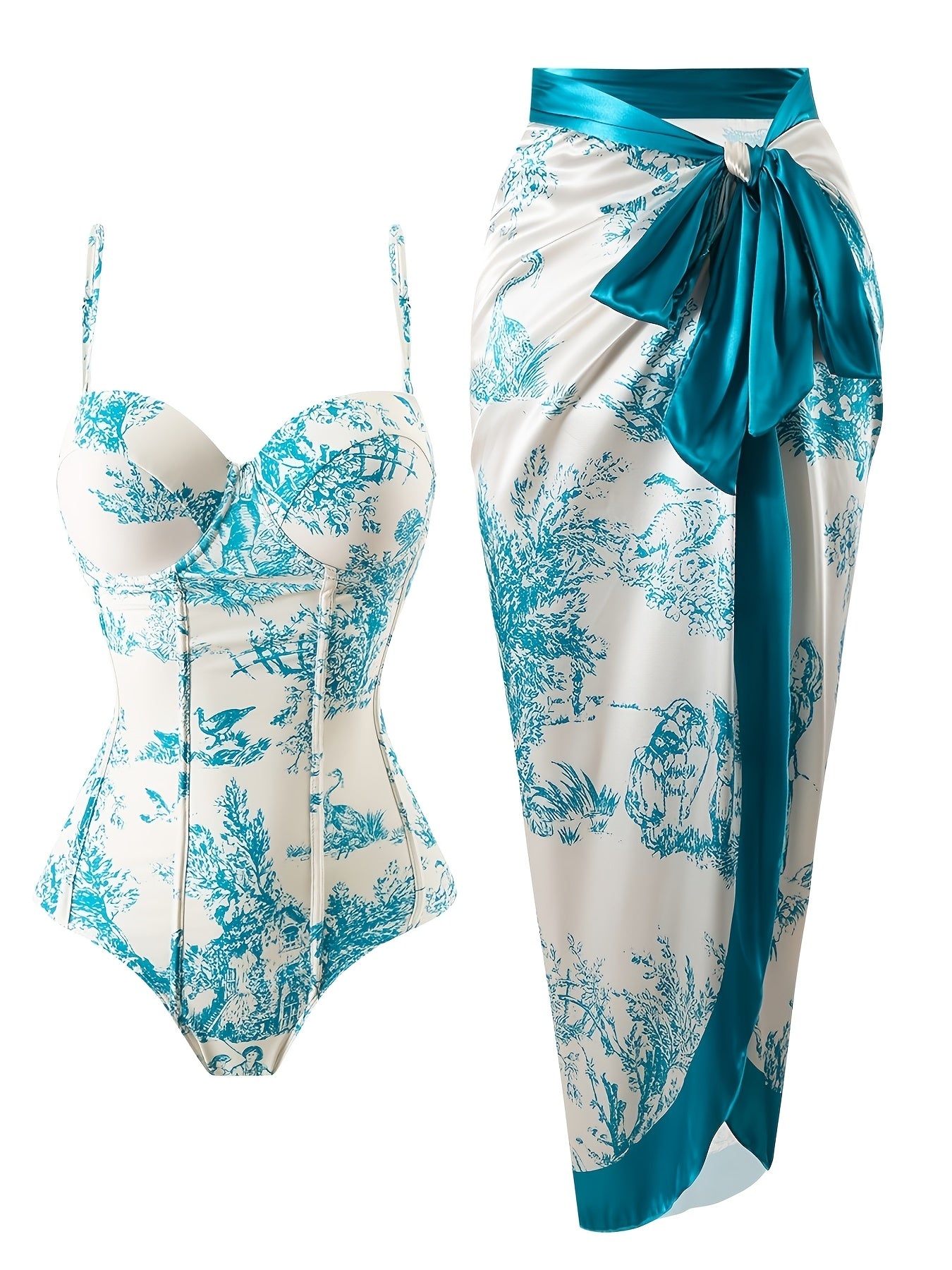 Toile De Jouy One Piece Swimsuit & Sarong Set