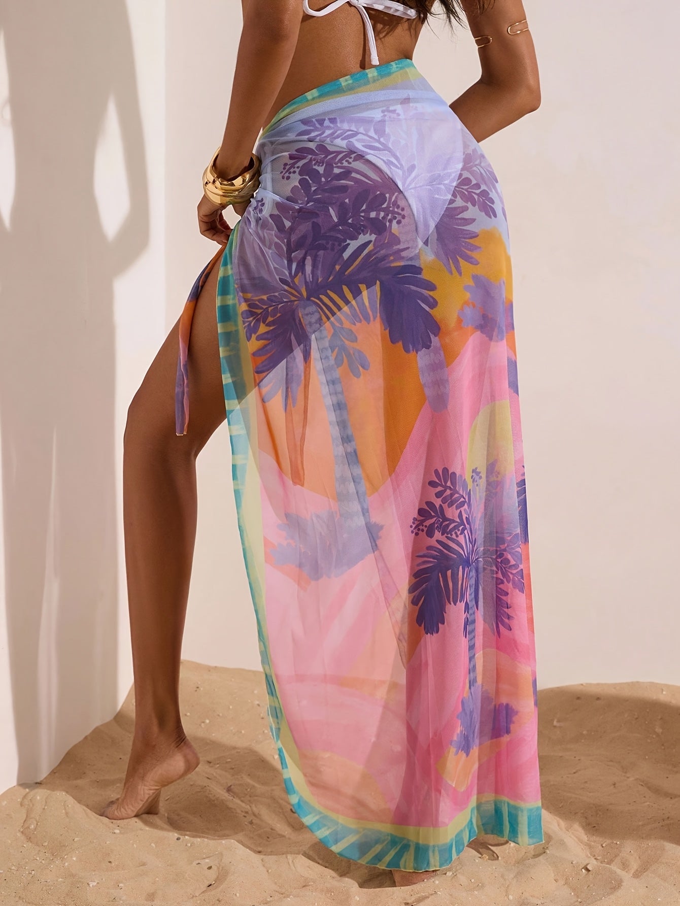 Tropical Print Sheer Chiffon Maxi Cover Up Skirt with Tassel Trim