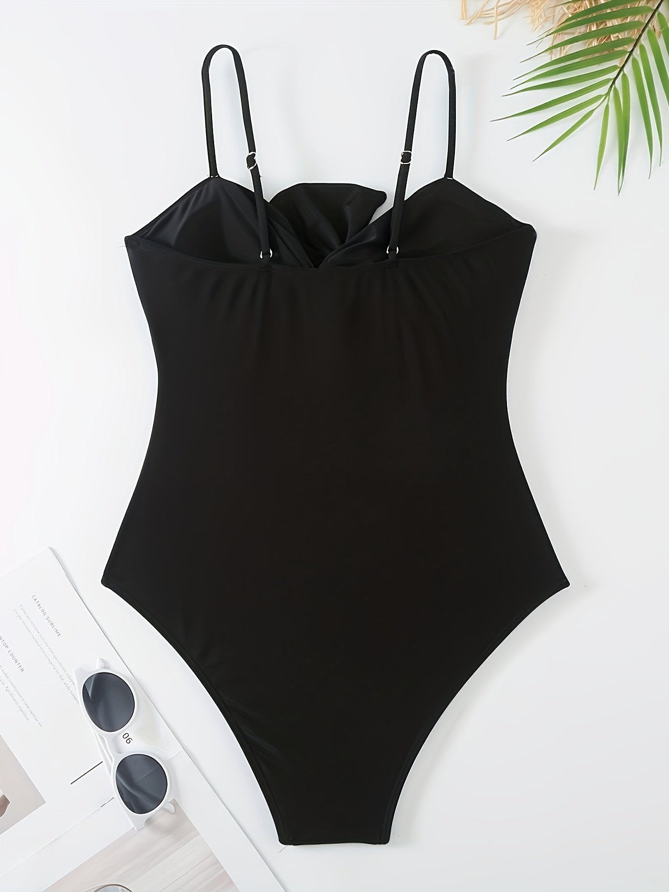 Black Ruffle Trim Adjustable Spaghetti Strap One Piece Swimsuit