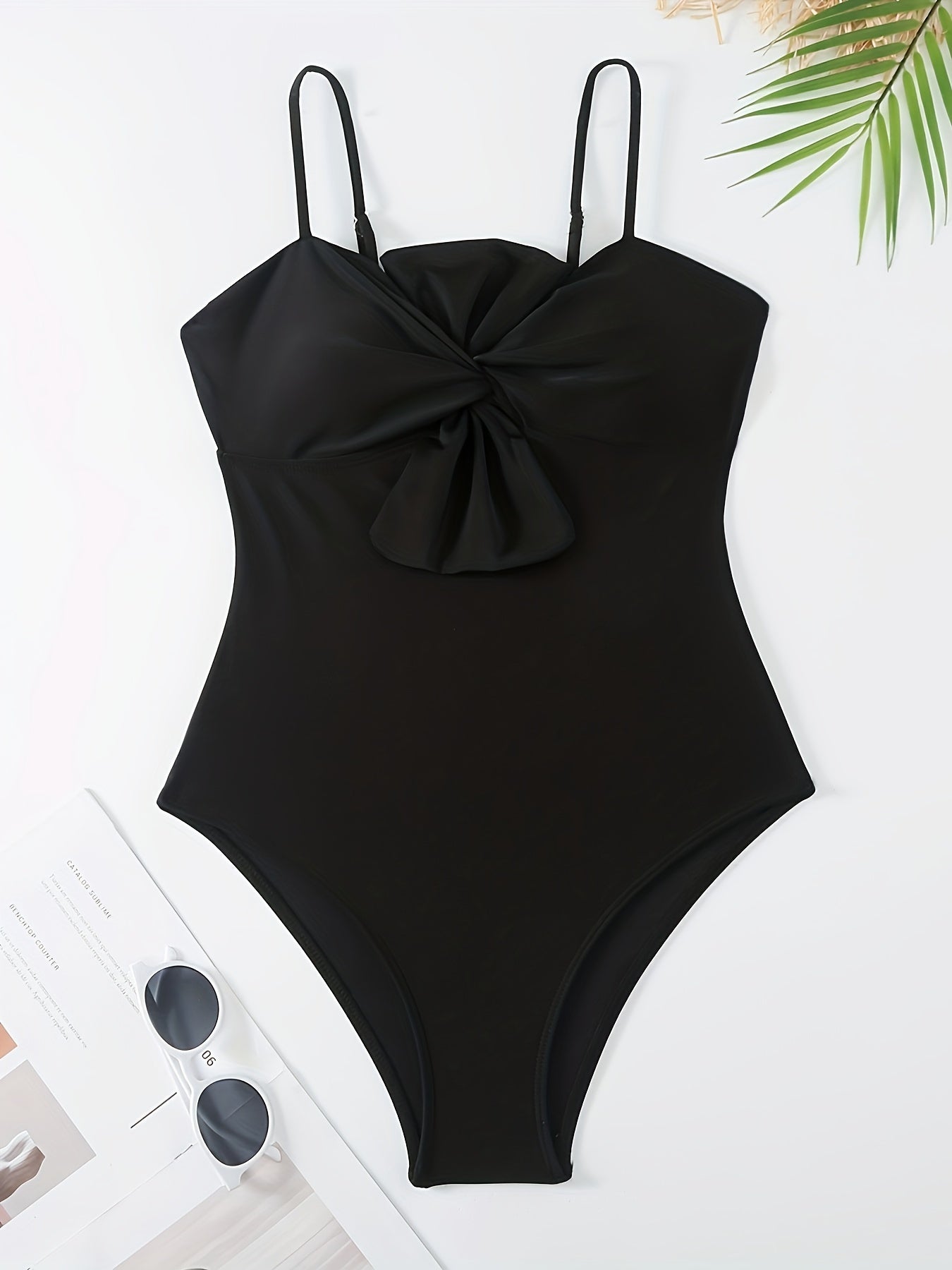 Black Ruffle Trim Adjustable Spaghetti Strap One Piece Swimsuit
