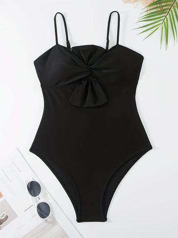 Black Ruffle Trim Adjustable Spaghetti Strap One Piece Swimsuit