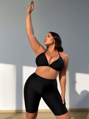 Curvy Front Clasp Halter Bikini with High Waisted Swim Biker Shorts