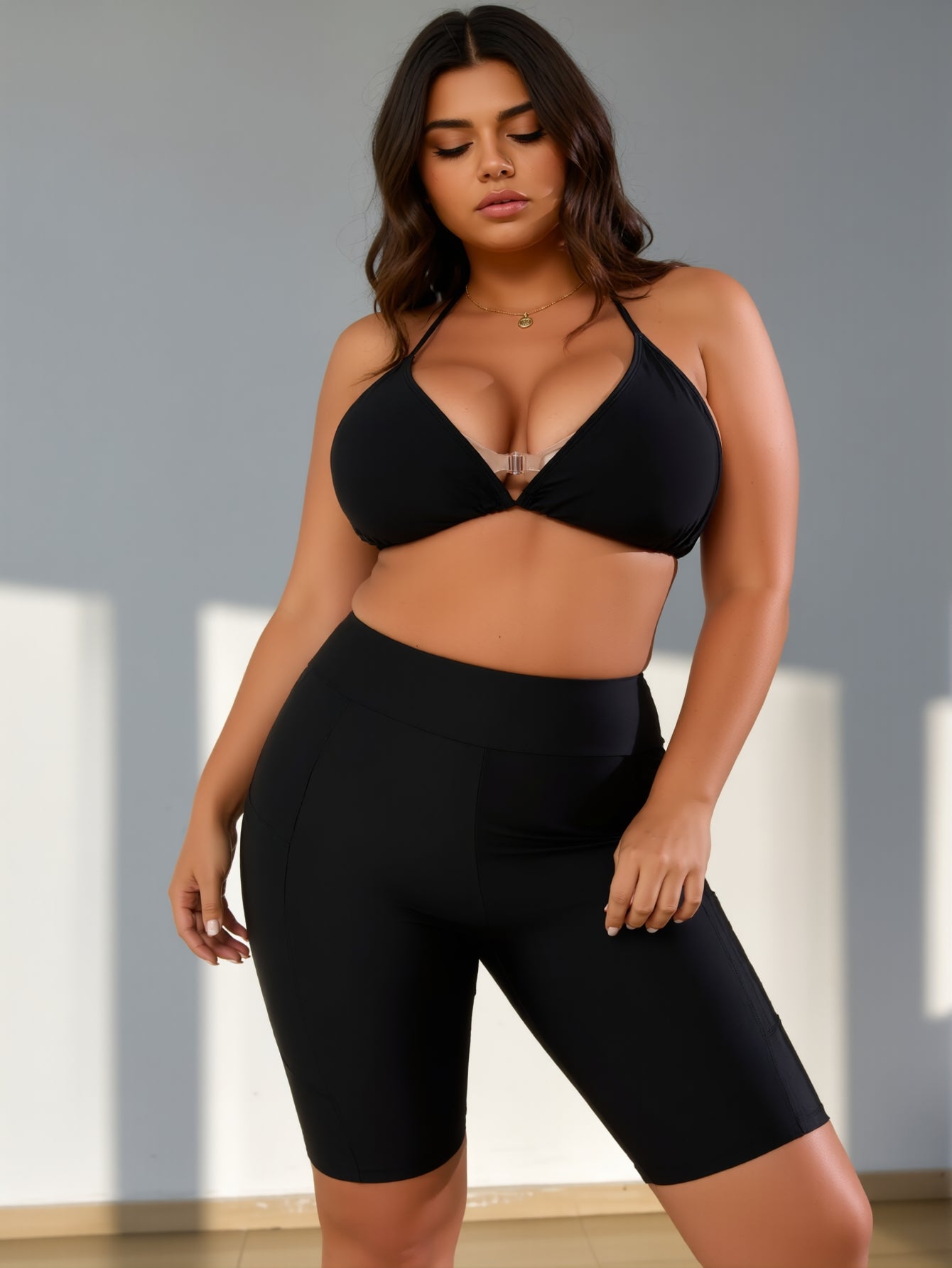 Curvy Front Clasp Halter Bikini with High Waisted Swim Biker Shorts