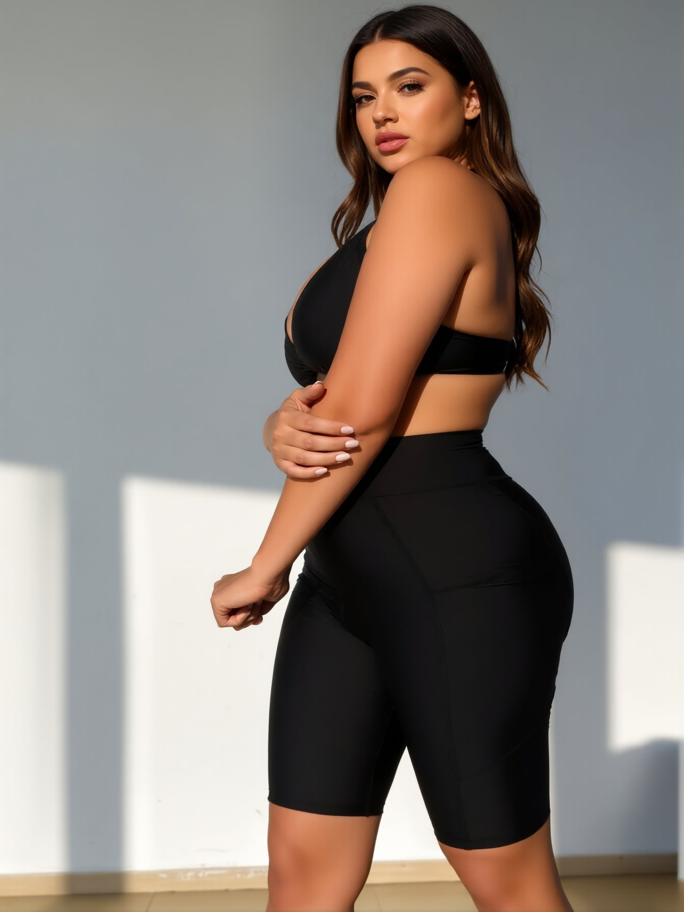 Curvy Front Clasp Halter Bikini with High Waisted Swim Biker Shorts
