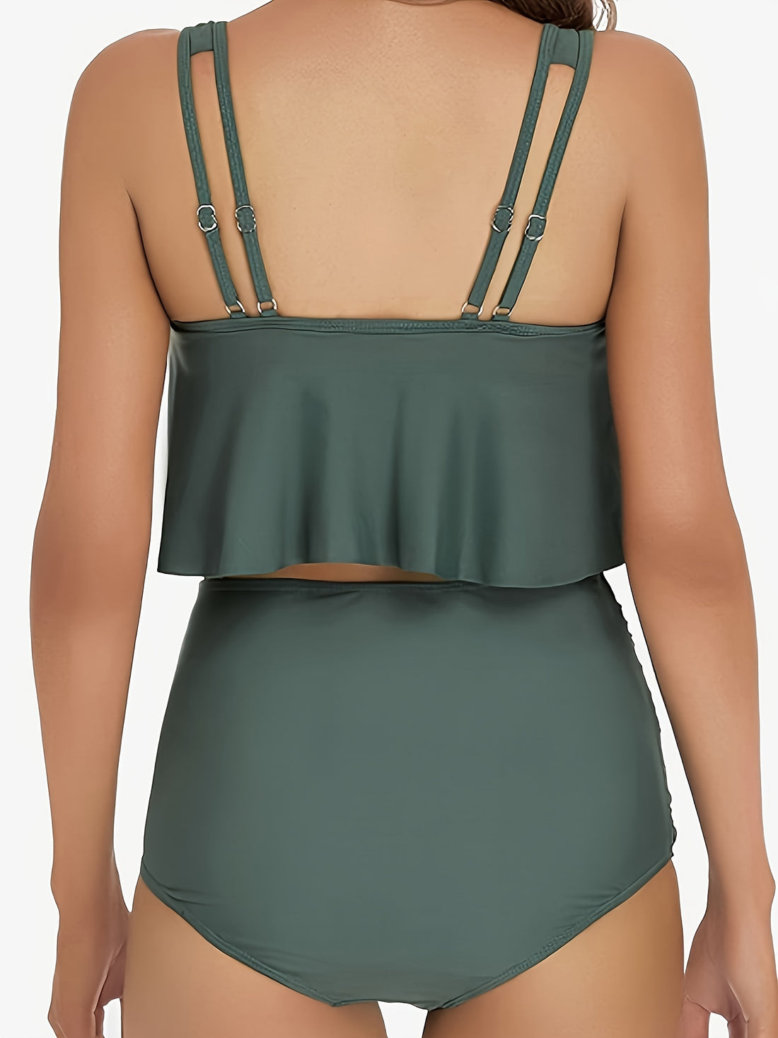 Olive Green Ruffle Hem High Waisted Tankini Set