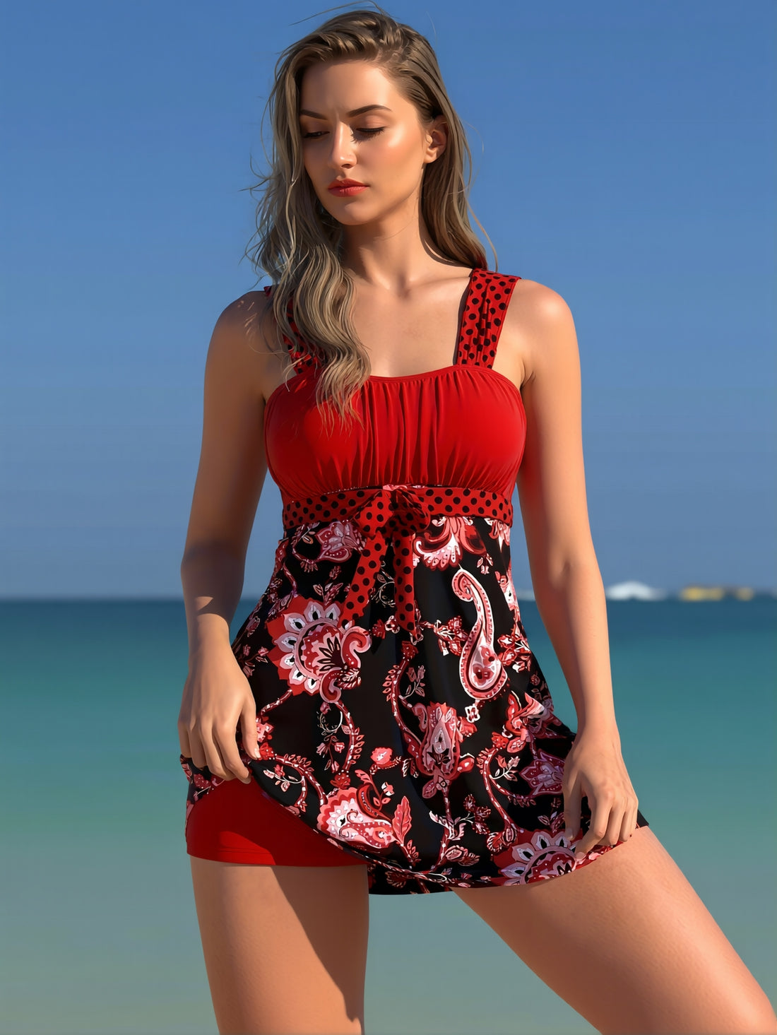 Red Paisley Print Polka Dot Tie Front Tankini Set with Boyshorts