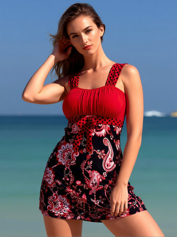 Red Paisley Print Polka Dot Tie Front Tankini Set with Boyshorts