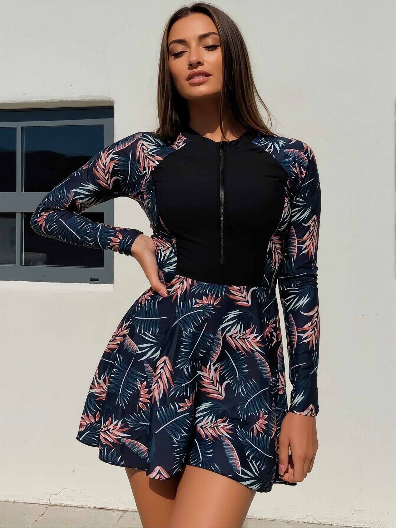 Tropical Print Long Sleeve Zip Front Rash Guard One Piece Swim Dress