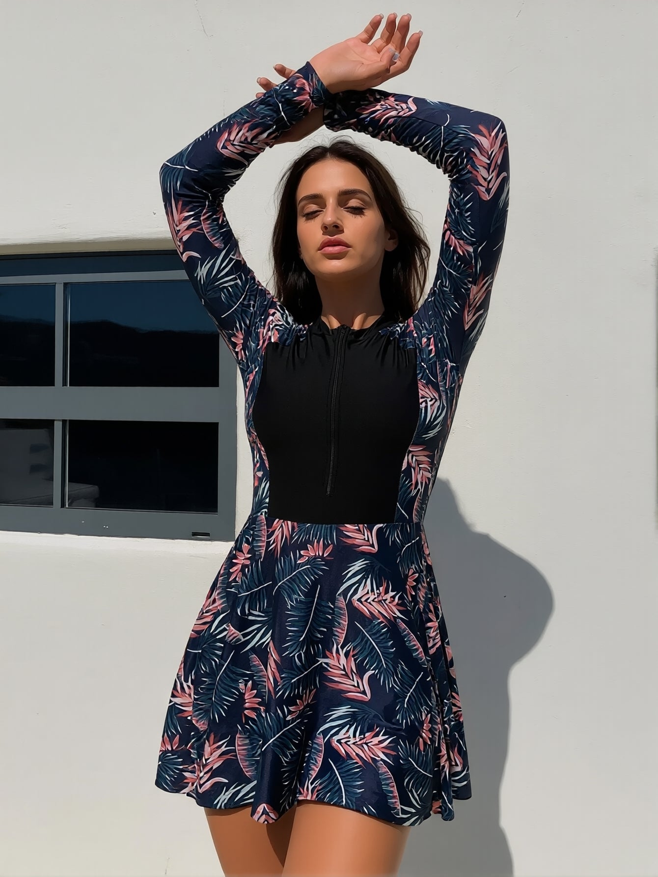 Tropical Print Long Sleeve Zip Front Rash Guard One Piece Swim Dress