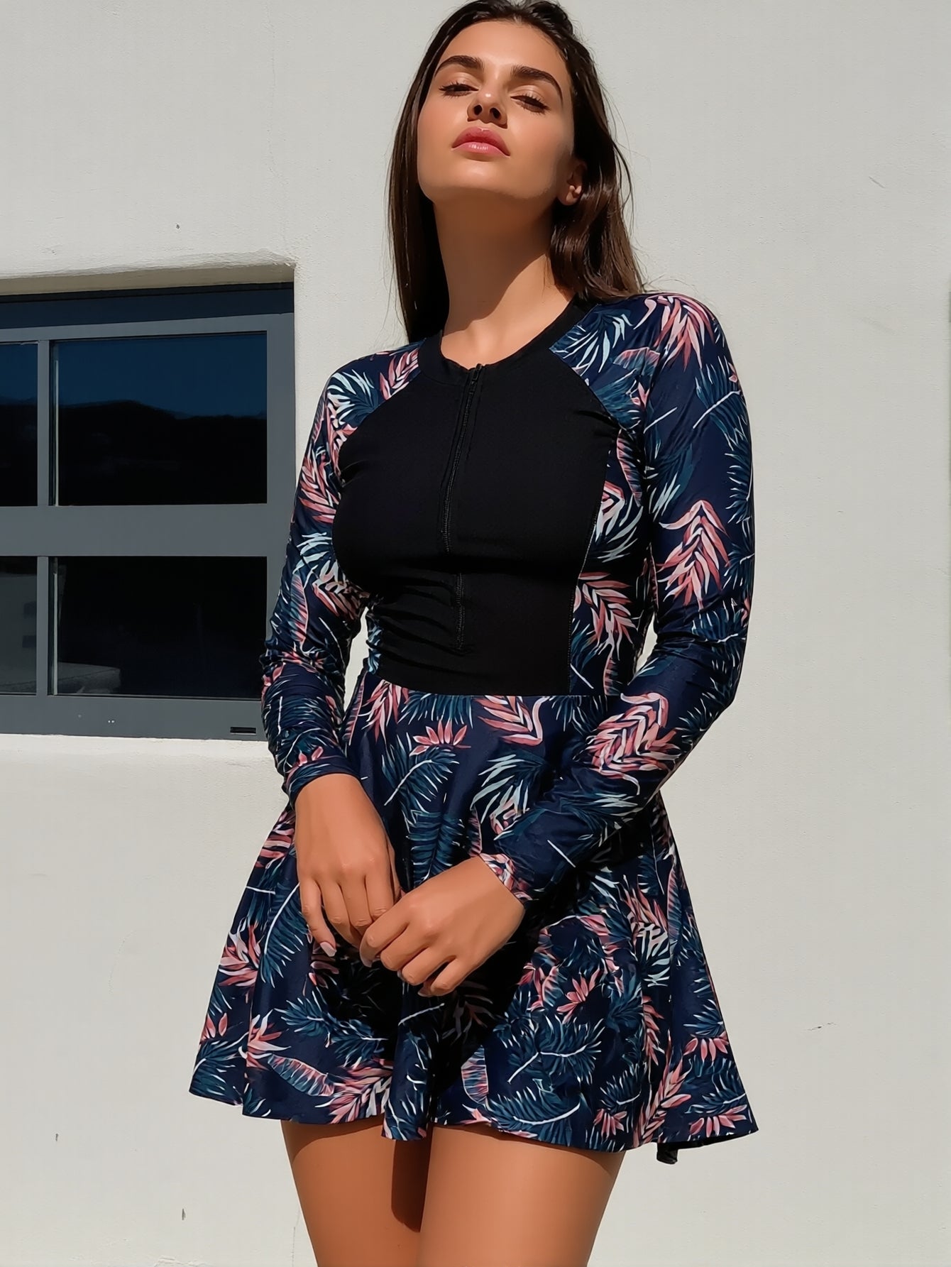 Tropical Print Long Sleeve Zip Front Rash Guard One Piece Swim Dress