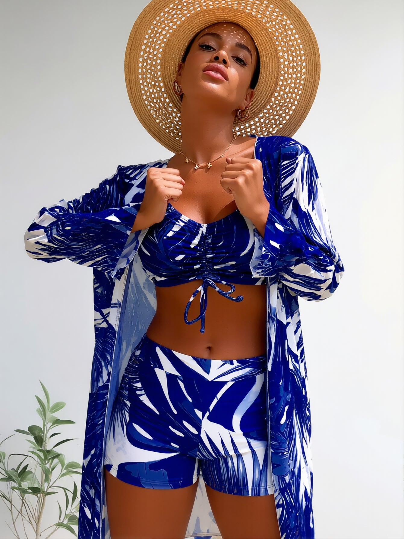 Blue Tie Dye Print 3 Piece Bikini Set with Long Sleeve Cover Up