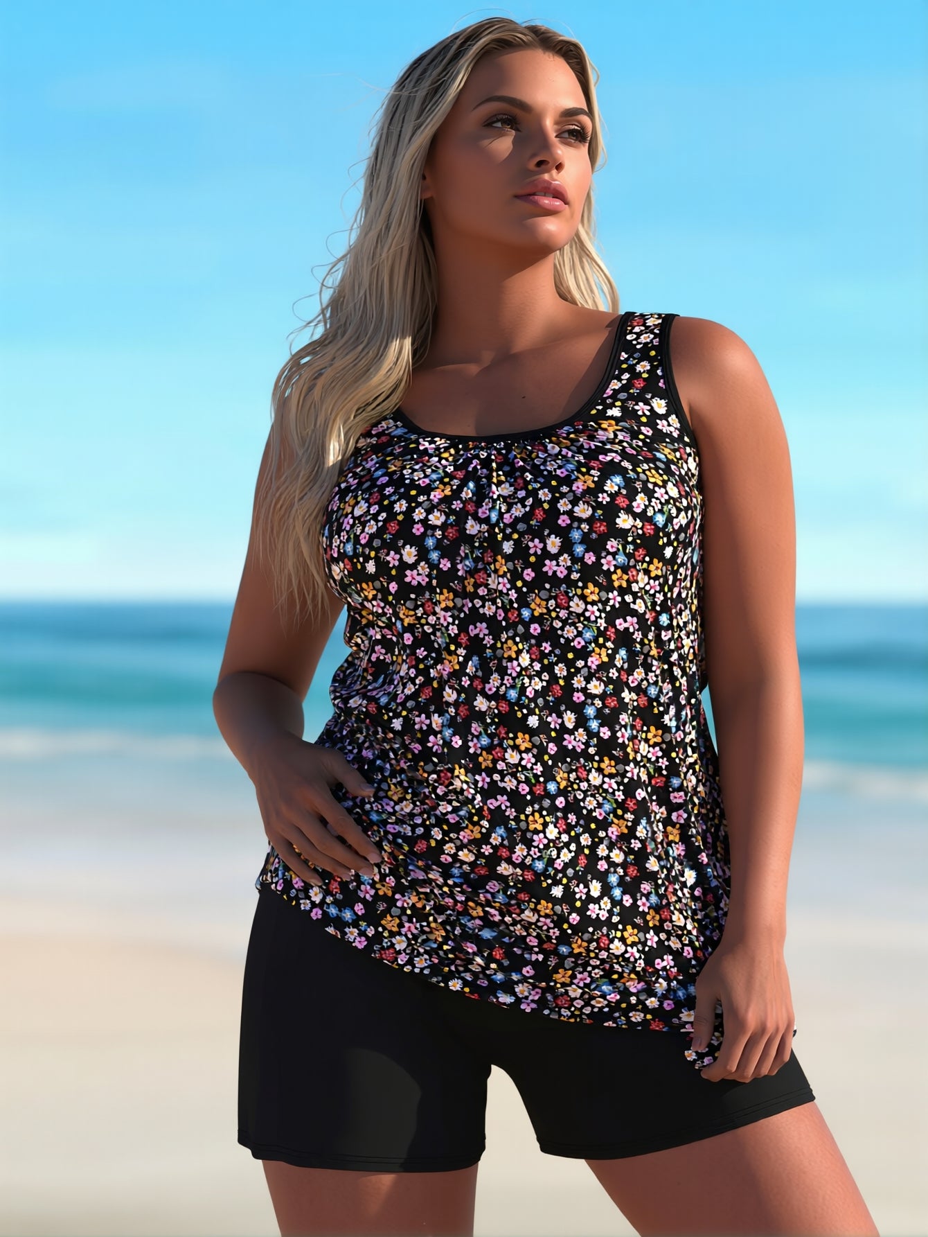 Plus Size Confetti Print Tankini Set with High Waisted Swim Shorts