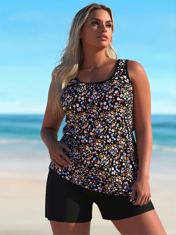 Plus Size Confetti Print Tankini Set with High Waisted Swim Shorts
