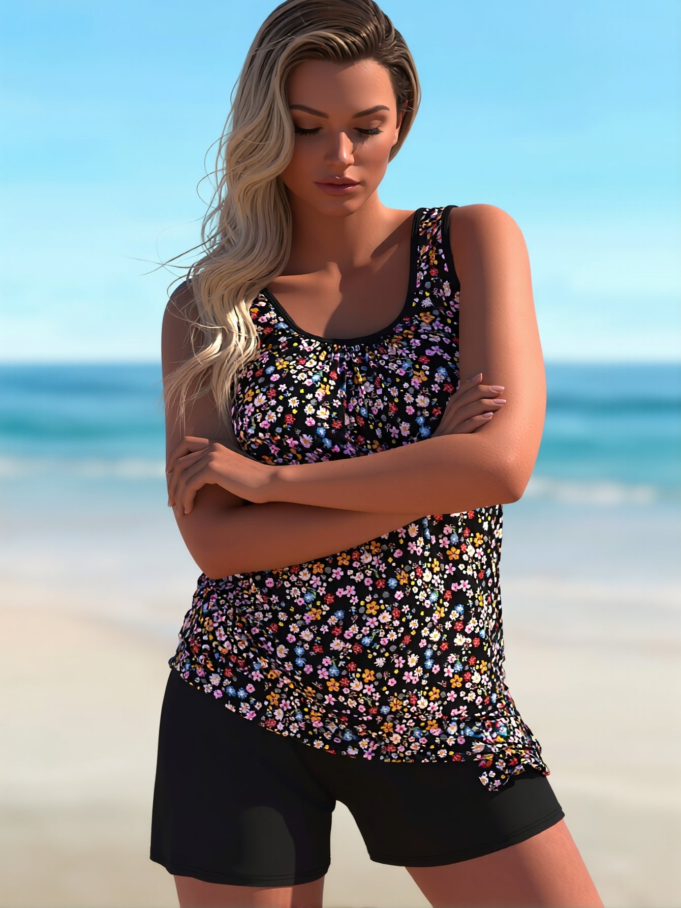 Plus Size Confetti Print Tankini Set with High Waisted Swim Shorts