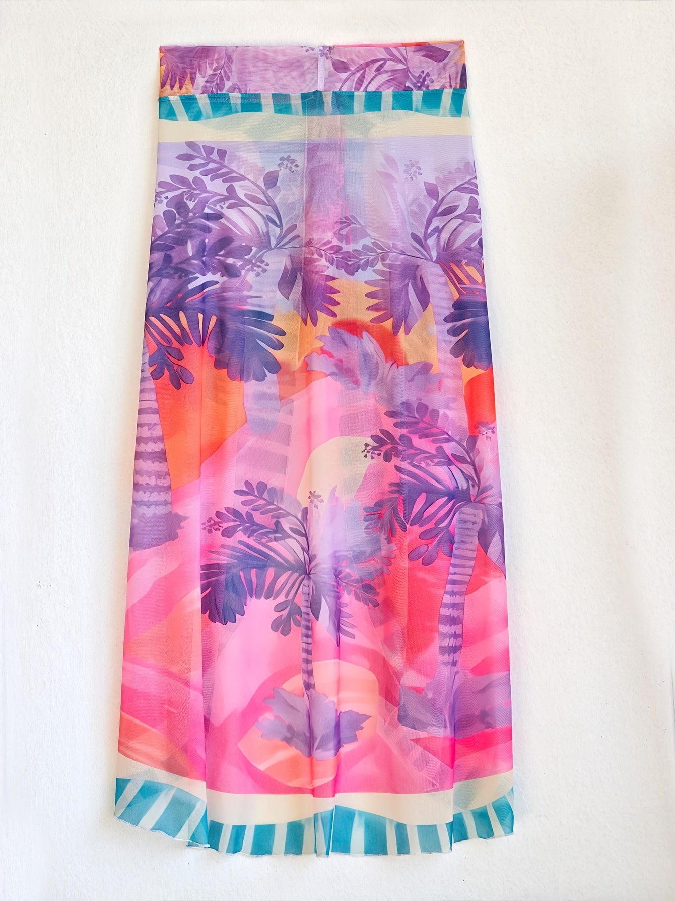 Tropical Print Sheer Chiffon Maxi Cover Up Skirt with Tassel Trim